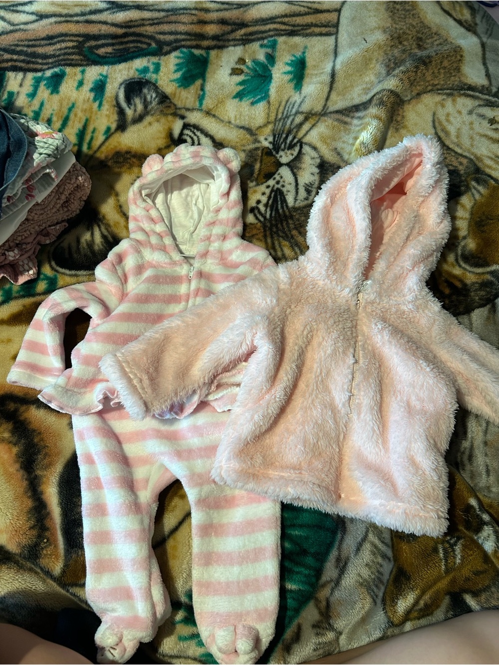 Pink Striped Hooded 2 piece set & Light Pink Fuzzy Hooded Jacket
